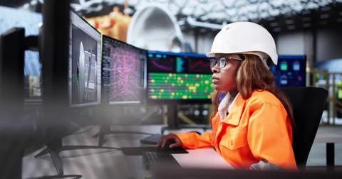 Female Engineer Developing Satellite Model Using 3D CAD Design Software Stock Photos