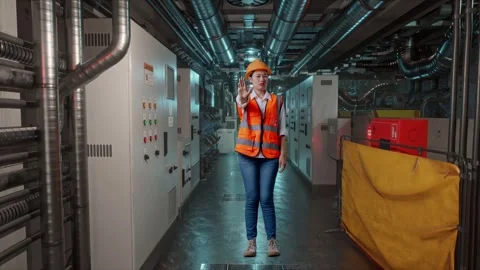Female Engineer Disapproving With No Hand Sign In Engine Control Room Stock Footage 292370727