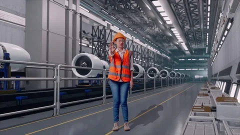 Female Engineer Disapproving With No Hand Sign, Aircraft Engine Factory Stock Footage 314609101