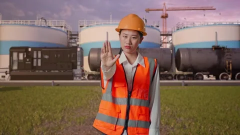 Female Engineer Disapproving With No Hand Sign at Oil Refinery Stock Footage 340143002