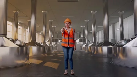 Female Engineer Disapproving With No Index Finger Sign at Beer Plant Stock Footage 332547572
