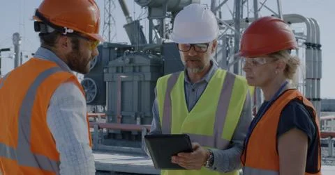 Female engineer discussing data on tablet with men Stock Photos