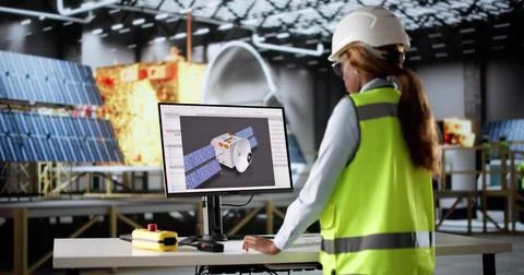 Female Engineer Drafting 3D Model Of Solar Satellite In CAD Foto stock