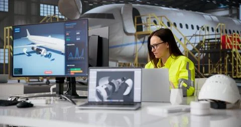 Female Engineer Employing Advanced Computer Software For Aircraft Maintenance Stock Photos
