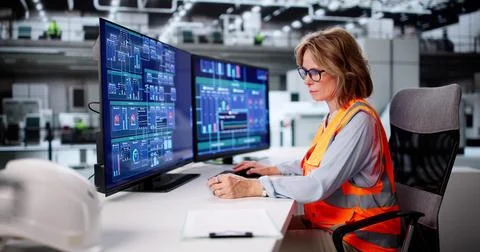 Female Engineer Ensuring Efficiency At Factory Using Computer System Technolo Stock Photos