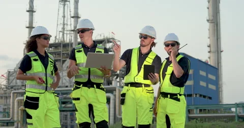 Female engineer explains refinery inspection report beside supervisor using Stock Footage 335606430