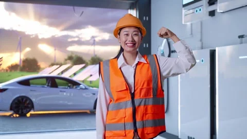 Female Engineer Flexing Her Bicep And Smiling With Energy Storage Stock Footage 296523862