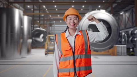 Female Engineer Flexing Her Bicep And Smiling at Heavy Factory Stock Footage 340822885
