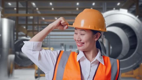 Female Engineer Flexing Her Bicep And Smiling at Heavy Factory Stock Footage 340824923