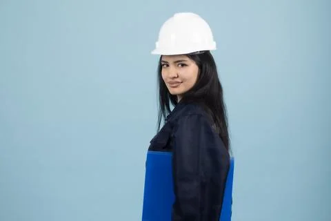 Female Engineer in Hard Hat with Folder Stock Photos
