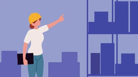 Female engineer in hard hat points at city buildings a dynamic motion graph.. Vídeo Stock 339045754