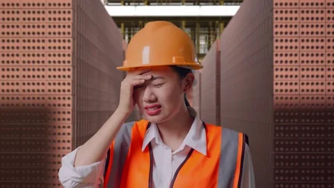 Female Engineer Having A Headache While Working With Brick In Stacks Stock Footage 303762429