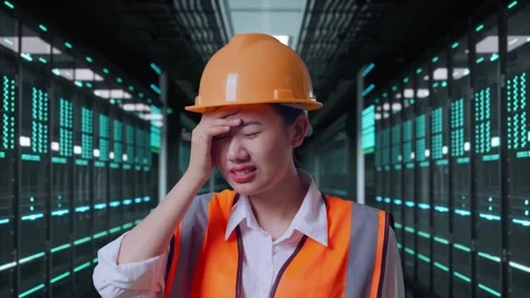 Female Engineer Having A Headache While Working in Data Center Stock Footage 321994357