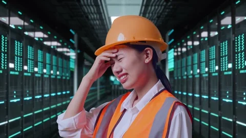 Female Engineer Having A Headache While Working in Data Center Stock Footage 321994626