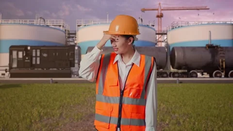 Female Engineer Having A Headache While Working at Oil Refinery Stock Footage 340143064