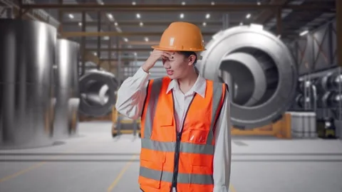 Female Engineer Having A Headache While Working at Heavy Factory Stock Footage 340822881