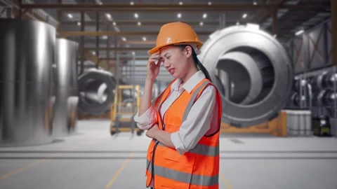 Female Engineer Having A Headache While Working at Heavy Factory Stock Footage 340824120
