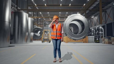Female Engineer Having A Headache While Working at Heavy Factory Stock Footage 340825940