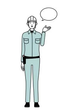 Female engineer in helmet and work wear giving directions, with a wipeout. Stock Illustration