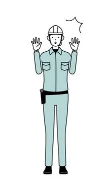 Female engineer in helmet and work wear raising her hand in surprise. Stock Illustration