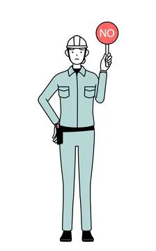 Female engineer in helmet and work wear holding a placard with an X indicat.. Stock Illustration