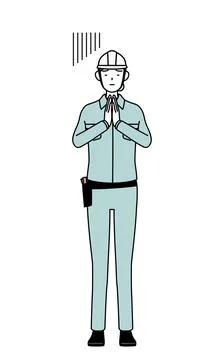 Female engineer in helmet and work wear apologizing with her hands in front.. Stockillustratie