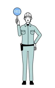 Female engineer in helmet and work wear holding a maru placard that shows t.. Stock Illustration