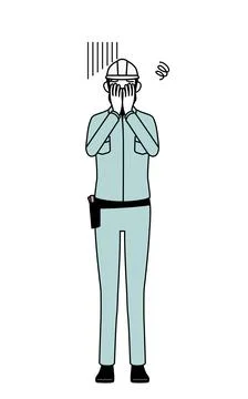 Female engineer in helmet and work wear covering her face in depression. Stockillustratie
