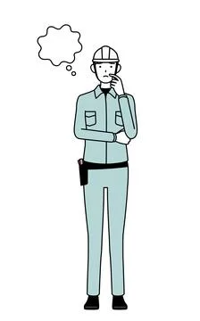 Female engineer in helmet and work wear thinking while scratching her face. Stock Illustration