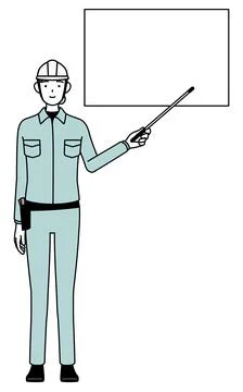 Female engineer in helmet and work wear pointing at a whiteboard with an in.. Stock Illustration