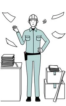Female engineer in helmet and work wear who is fed up with her unorganized .. Stock Illustration