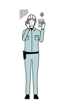 Female engineer in helmet and work wear looking at her bankbook and feeling.. Stock Illustration