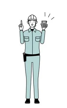 Female engineer in helmet and work wear holding a calculator and pointing. Stock Illustration