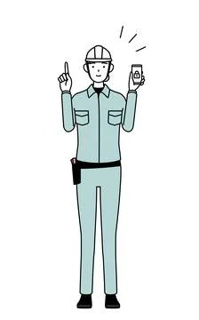 Female engineer in helmet and work wear taking security measures for her phon Stock Illustration