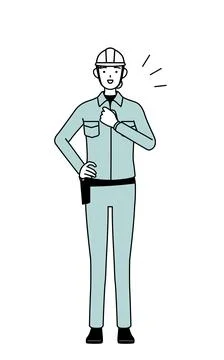 Female engineer in helmet and work wear tapping her chest. Stock Illustration