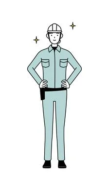 Female engineer in helmet and work wear with her hands on her hips. Stock Illustration