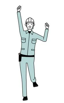 Female engineer in helmet and work wear smiling and jumping. Stock Illustration
