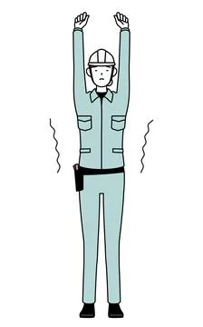 Female engineer in helmet and work wear stretching and standing tall. Stock Illustration