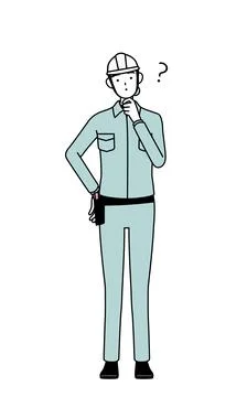 Female engineer in helmet and work wear nodding her head in question. Illustrazione stock