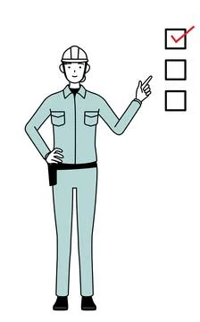 Female engineer in helmet and work wear pointing to a checklist. Illustrazione stock