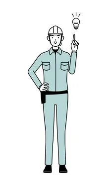 Female engineer in helmet and work wear coming up with an idea. Stock Illustration
