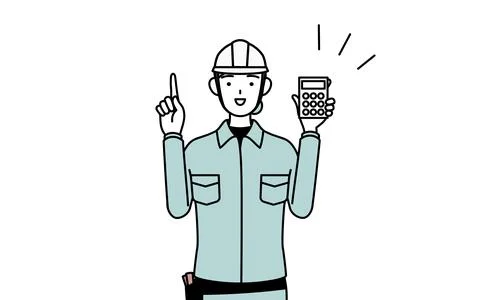 Female engineer in helmet and work wear holding a calculator and pointing. Stock Illustration