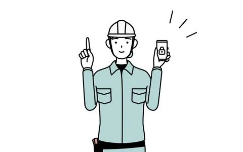 Female engineer in helmet and work wear taking security measures for her phon Stock Illustration