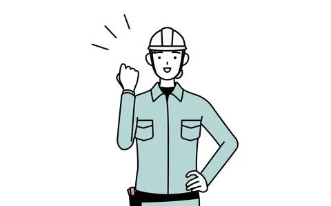 Female engineer in helmet and work wear posing with guts. Stock Illustration