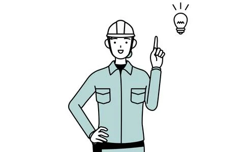 Female engineer in helmet and work wear coming up with an idea. Stock Illustration