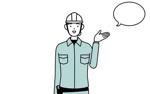 Female engineer in helmet and work wear giving directions, with a wipeout. Stock Illustration