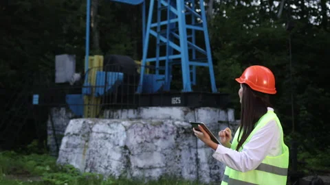 Female engineer holds tablet in hands and makes calculations for oil production Stock Footage 162678630