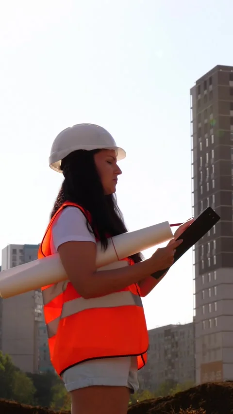 Female engineer inspecting construction site and reviewing blueprints during Stock Footage 347952095