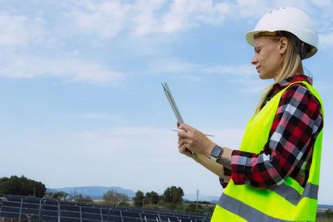 Female engineer inspecting a solar panel field with a digital tablet, manag.. Stockfoto's