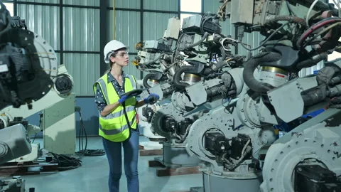 A female engineer installs a program on a robotics arm Stock Footage 241099154